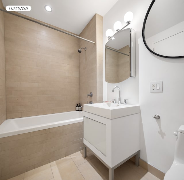 full bath featuring tiled shower / bath combo, toilet, visible vents, and tile patterned flooring