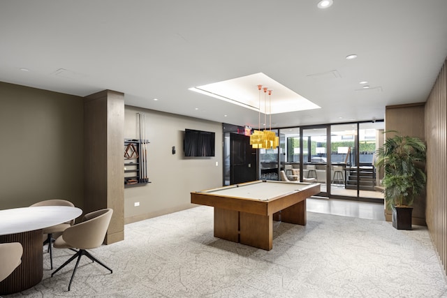 playroom with billiards, floor to ceiling windows, recessed lighting, and light colored carpet