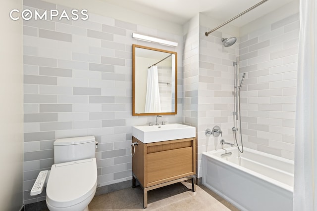 550 Vanderbilt Ave Unit 1508, New York City, NY 11238 - full bathroom featuring shower / bath combo with shower curtain, vanity, tile walls, and tile patterned floors
