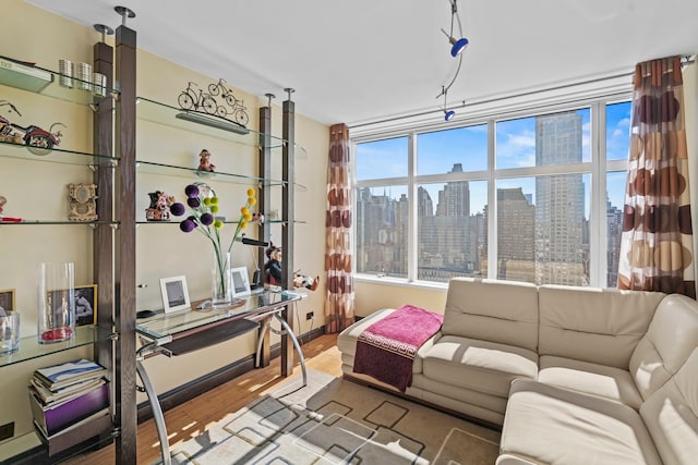 160 W 66th St Unit 34-G, New York City, NY 10023 - living room with wood finished floors and a view of skyline