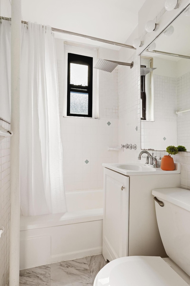 bathroom with toilet, shower / bathtub combination with curtain, marble look tile flooring, and vanity