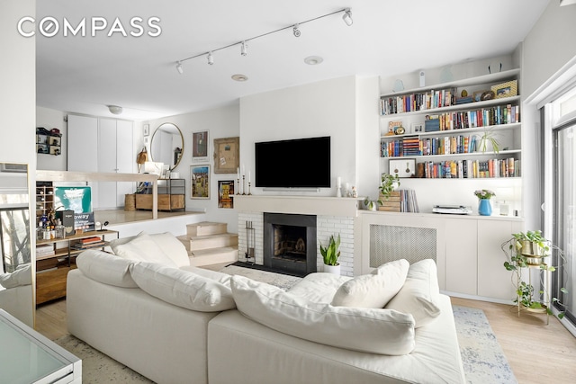 living room with a brick fireplace, track lighting, healthy amount of natural light, and light wood-style floors