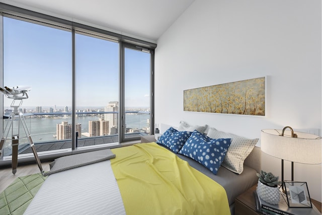 56 Leonard St Unit 43West, New York City, NY 10013 - bedroom with expansive windows, a water view, wood finished floors, and multiple windows
