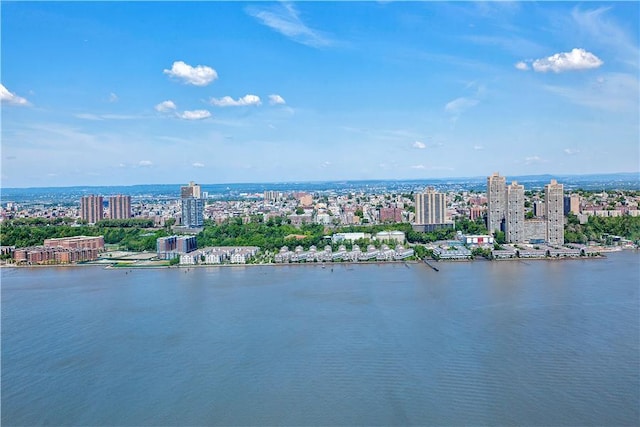 aerial view featuring a city view and a water view