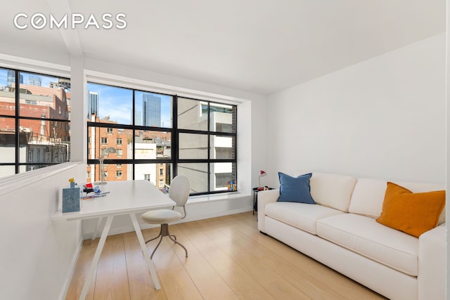 living room featuring wood finished floors, healthy amount of natural light, baseboards, and a city view