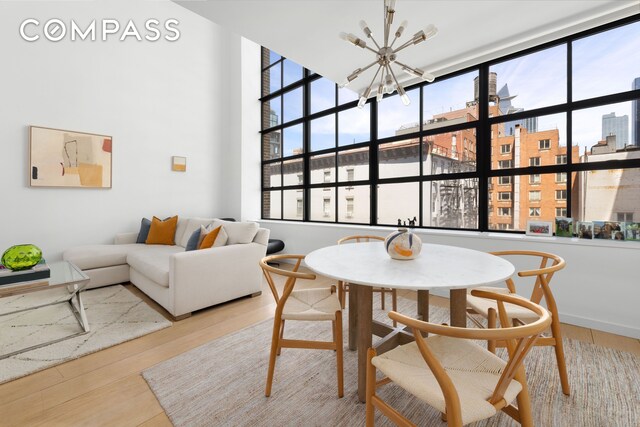 dining space featuring a chandelier, wood finished floors, and healthy amount of natural light