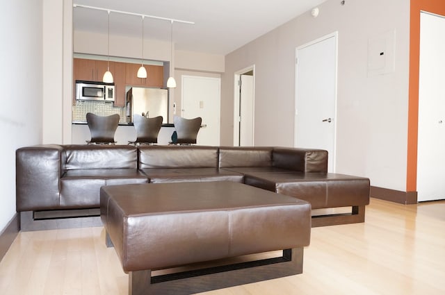 living room with baseboards, electric panel, and light wood-style flooring