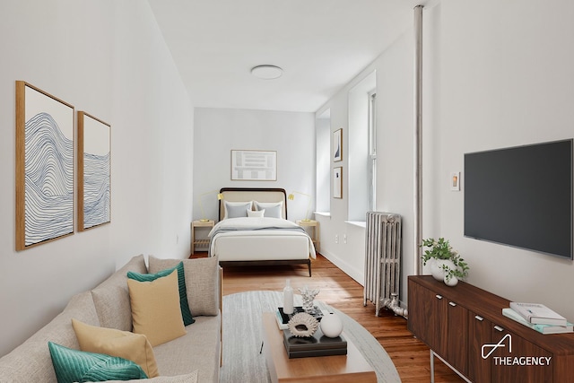 bedroom with radiator and wood finished floors
