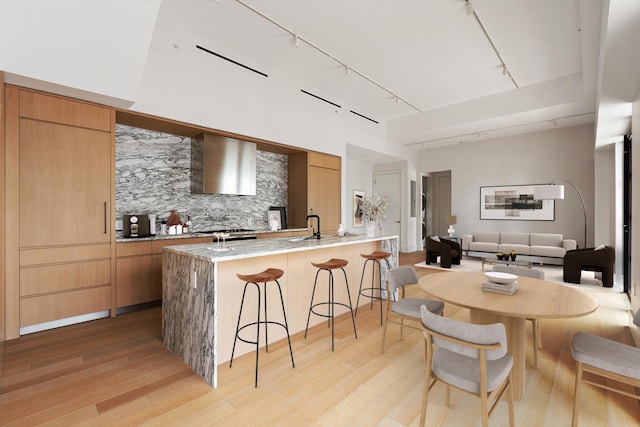 517 W 29th St Phc, Phc, New York City, NY 10001 - kitchen featuring wall chimney range hood, track lighting, a breakfast bar area, light wood finished floors, and a peninsula