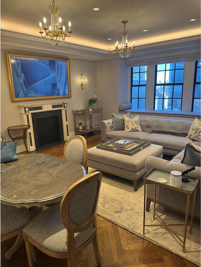 465 Park Ave Unit 18F, New York City, NY 10022 - living room featuring a chandelier, ornamental molding, and a fireplace