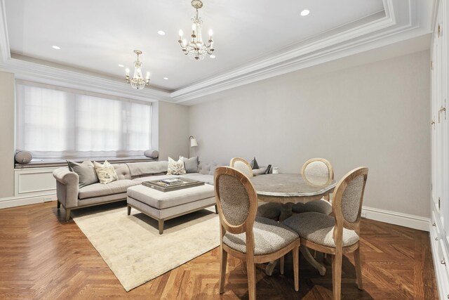 465 Park Ave Unit 18F, New York City, NY 10022 - dining room with a chandelier, a raised ceiling, crown molding, recessed lighting, and baseboards