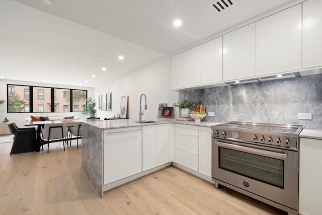kitchen with high end stainless steel range, a sink, light wood-style flooring, a peninsula, and visible vents