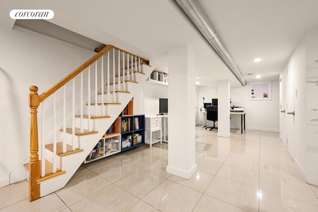 staircase with recessed lighting, baseboards, visible vents, and tile patterned flooring