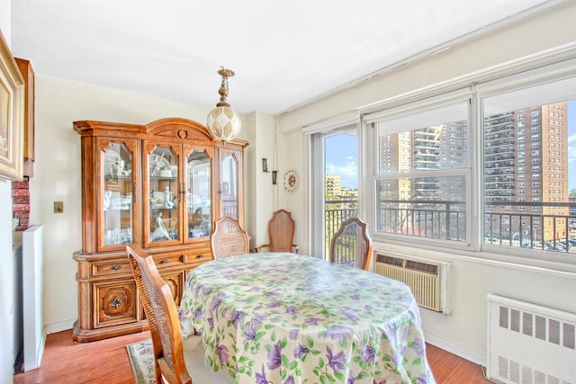 444 Neptune Ave Unit 6R, New York City, NY 11224 - dining area featuring radiator heating unit, light wood-style flooring, baseboards, and a wall unit AC