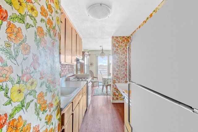 444 Neptune Ave Unit 6R, New York City, NY 11224 - kitchen with white appliances, hardwood / wood-style floors, light countertops, tasteful backsplash, and pendant lighting