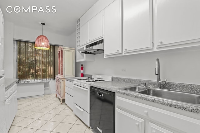 kitchen featuring dishwasher, white gas range, under cabinet range hood, a sink, and light tile patterned floors