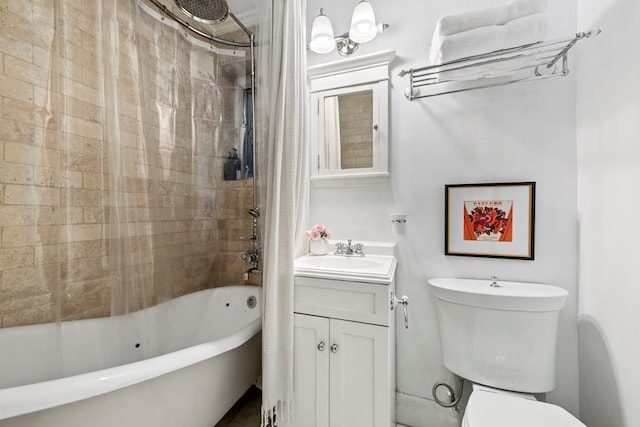 bathroom featuring toilet, vanity, and shower / tub combo with curtain
