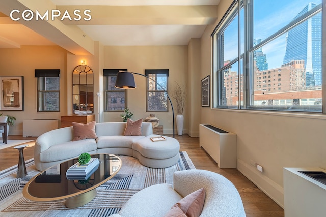 living area with a view of city, baseboards, and light wood-style flooring