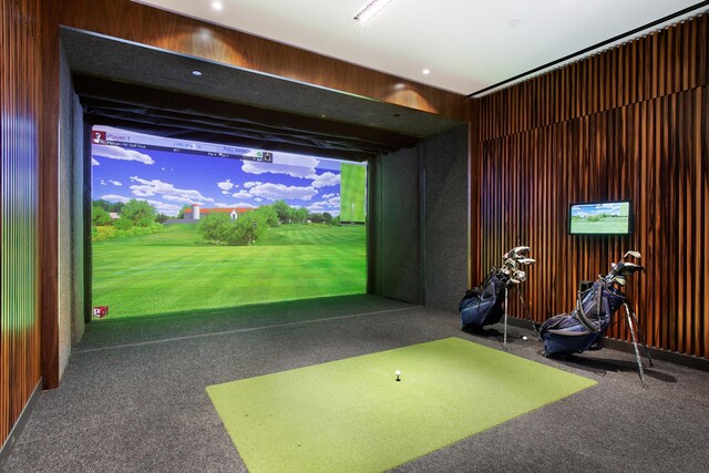 15 Hudson Yards Unit 31A, New York City, NY 10001 - playroom with golf simulator, carpet flooring, and wood walls