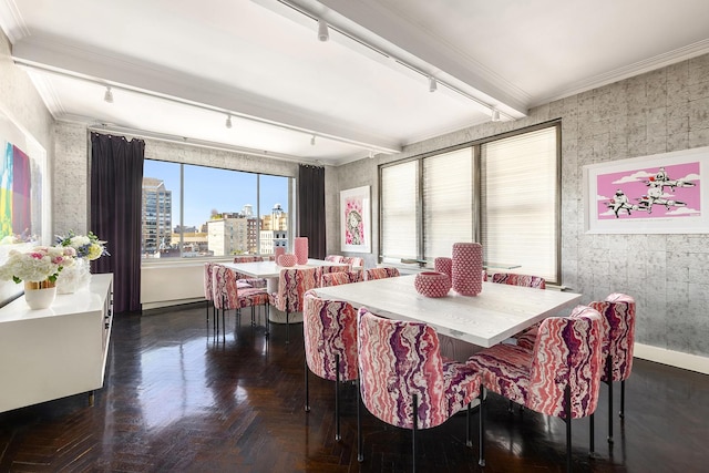 dining space with crown molding, rail lighting, and a city view