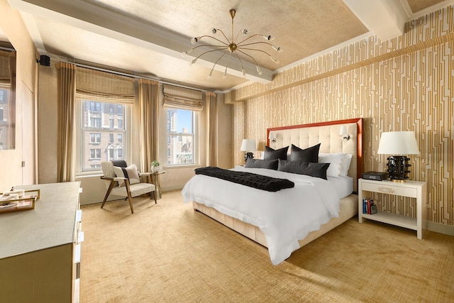bedroom featuring beamed ceiling, a notable chandelier, ornamental molding, and light colored carpet