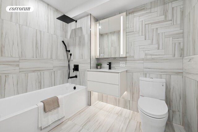 428 E 9th St Unit 411, New York City, NY 11218 - bathroom with toilet, vanity,  shower combination, and tile walls