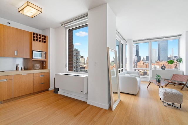 kitchen featuring light wood-type flooring, a city view, white microwave, and light countertops