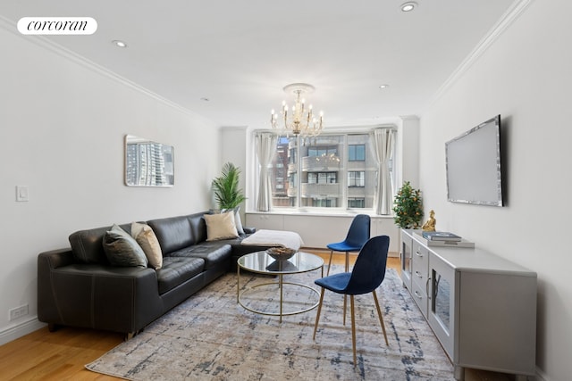 61 W 62nd St Unit 27G, New York City, NY 10023 - living room featuring wood finished floors, a chandelier, ornamental molding, baseboards, and recessed lighting