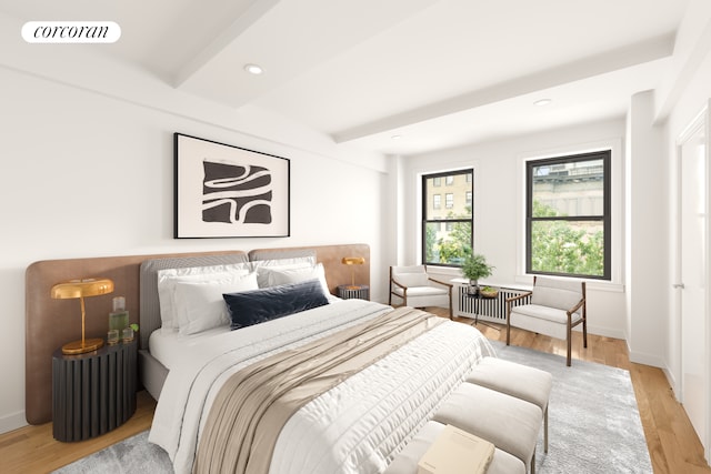 171 W 79th St Unit 56, New York City, NY 10024 - bedroom with light wood finished floors, recessed lighting, baseboards, and beam ceiling