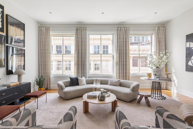 living area featuring wood finished floors and baseboards