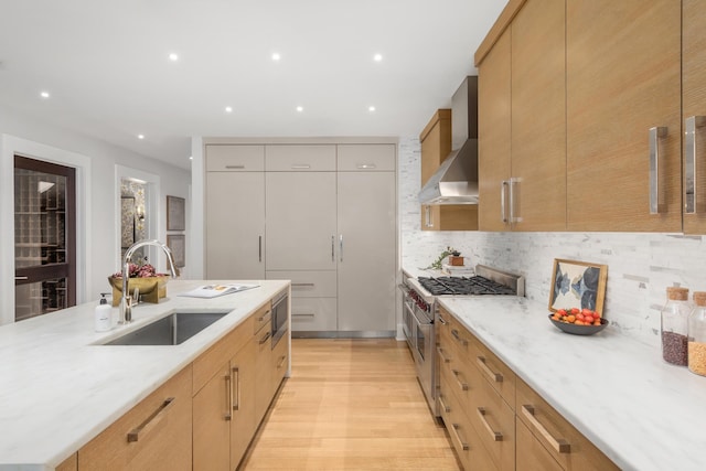 kitchen featuring a sink, stainless steel appliances, decorative backsplash, wall chimney exhaust hood, and light wood-style flooring