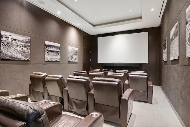 home theater featuring a raised ceiling