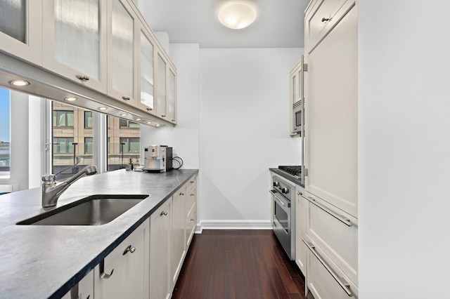 kitchen featuring glass insert cabinets, dark wood-style floors, white cabinets, a sink, and stainless steel appliances
