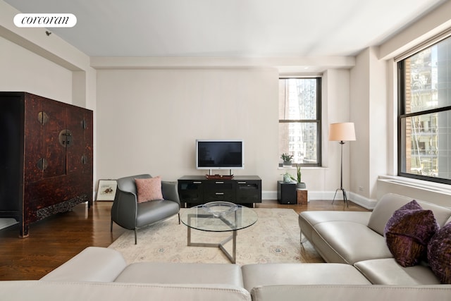 living area featuring baseboards and wood finished floors