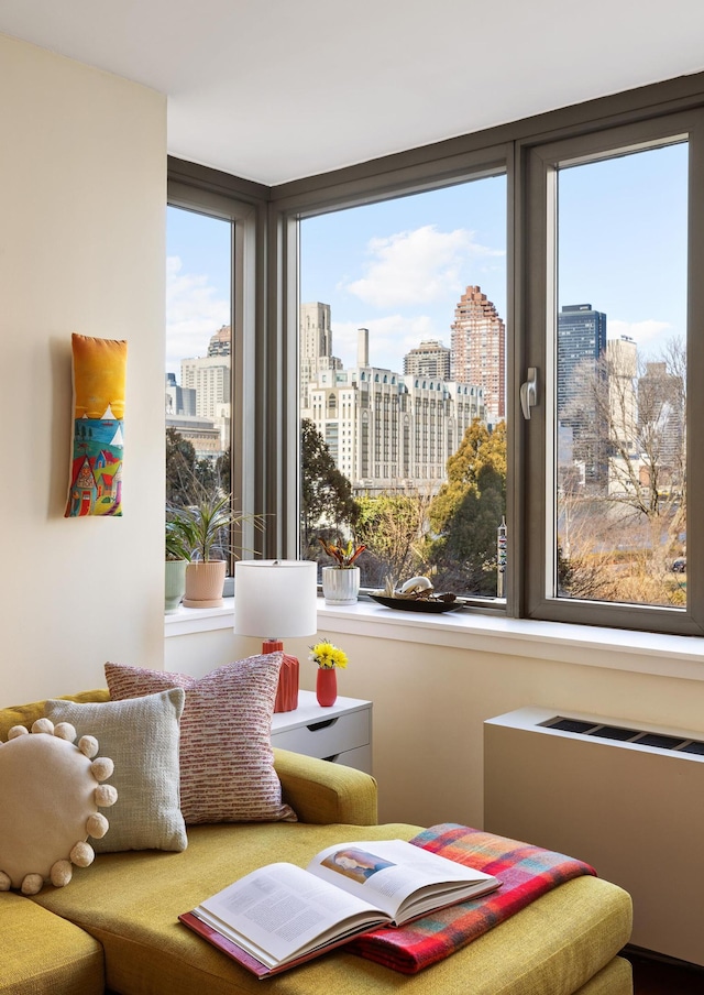 425 Main St Unit 4-C, New York City, NY 10044 - living area featuring a view of city and radiator
