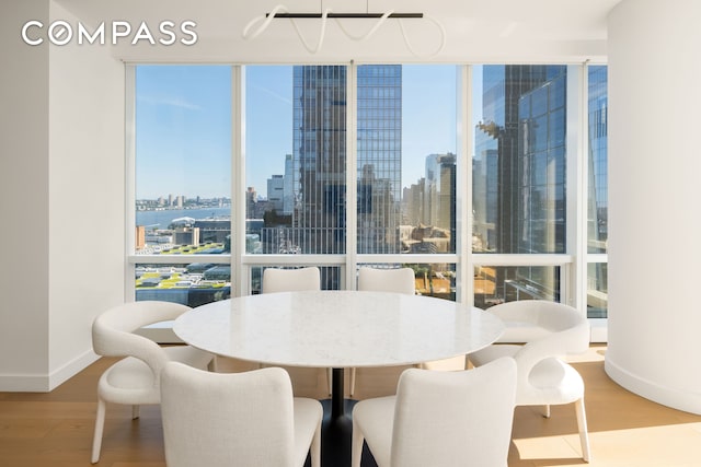 dining room with baseboards, a view of city, wood finished floors, and expansive windows