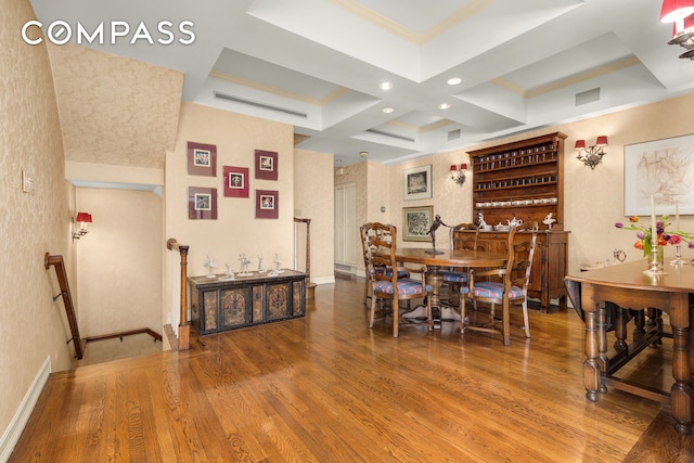 dining area with crown molding, recessed lighting, wood finished floors, beamed ceiling, and coffered ceiling