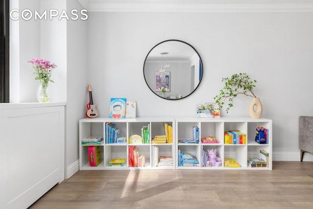 recreation room with crown molding, baseboards, and wood finished floors