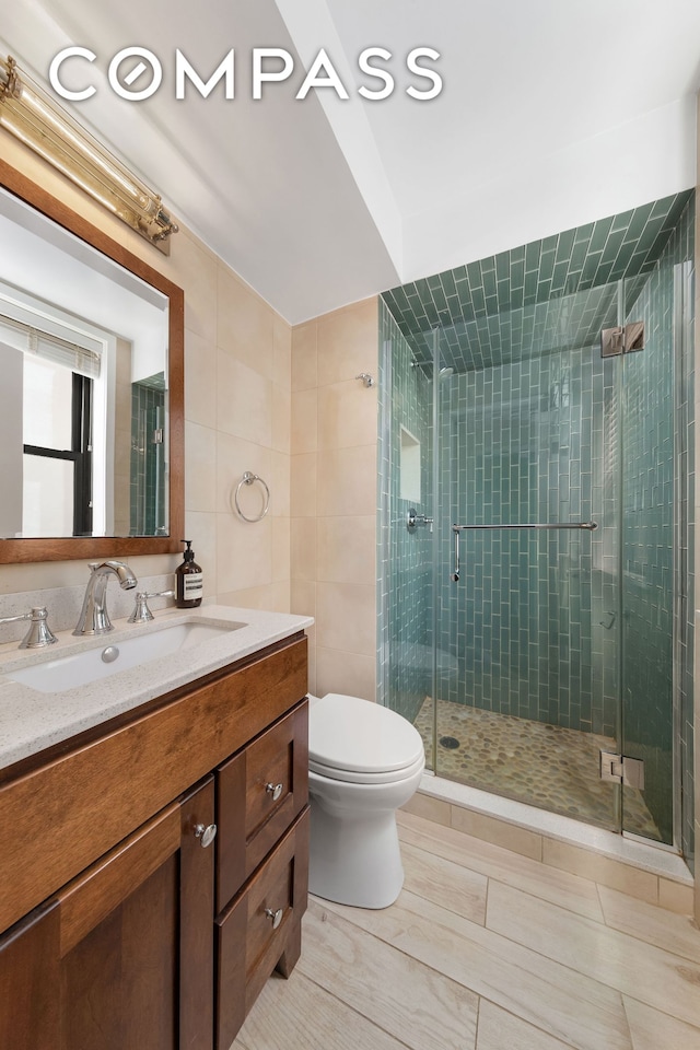 full bathroom featuring vanity, tile walls, toilet, and a shower stall