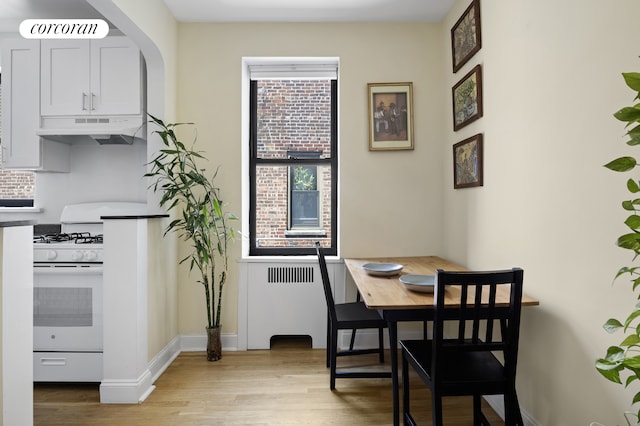 96 Arden St Unit 6K, New York City, NY 10040 - dining area featuring light wood-style flooring, baseboards, and radiator