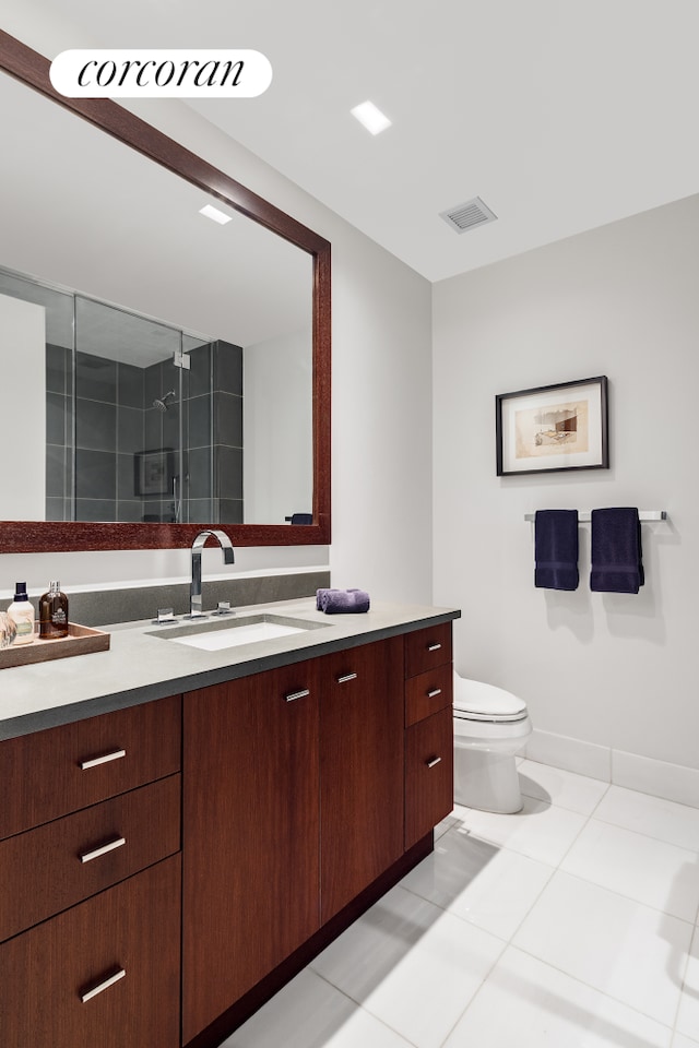 full bath with tile patterned flooring, vanity, toilet, visible vents, and a stall shower