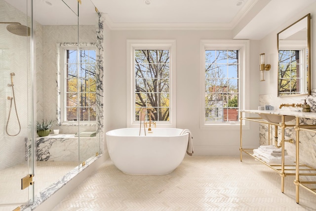 38 Garfield Place, New York City, NY 11215 - full bathroom with a freestanding tub, a stall shower, baseboards, and crown molding