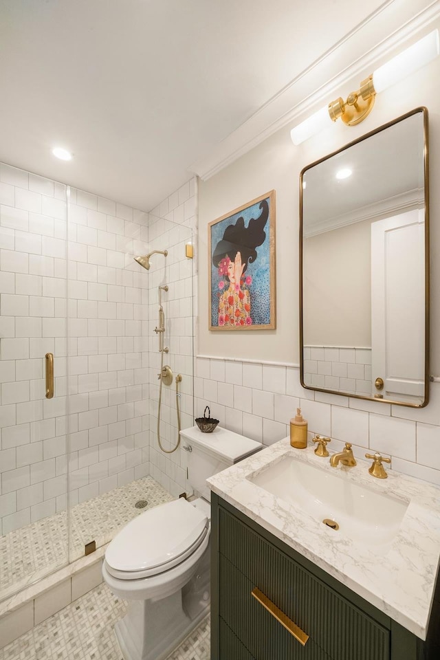 38 Garfield Place, New York City, NY 11215 - full bathroom featuring a shower stall, vanity, toilet, crown molding, and recessed lighting