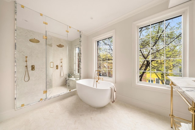 38 Garfield Place, New York City, NY 11215 - bathroom with plenty of natural light, a shower stall, a soaking tub, ornamental molding, and vanity