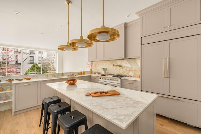 38 Garfield Place, New York City, NY 11215 - kitchen featuring white gas range, a sink, paneled fridge, light wood finished floors, and a center island