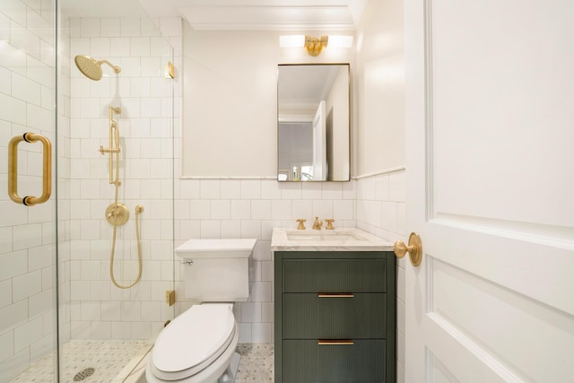 38 Garfield Place, New York City, NY 11215 - full bathroom with crown molding, a stall shower, toilet, vanity, and tile walls