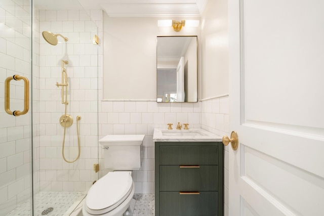 38 Garfield Place, New York City, NY 11215 - full bath with crown molding, a shower stall, tile walls, toilet, and vanity
