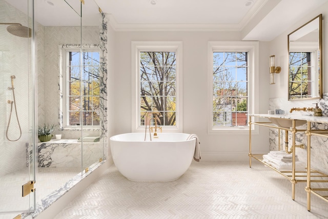 38 Garfield Place, New York City, NY 11215 - full bathroom featuring a freestanding tub, a marble finish shower, crown molding, and baseboards