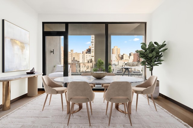 dining room with a view of city, baseboards, and light wood finished floors