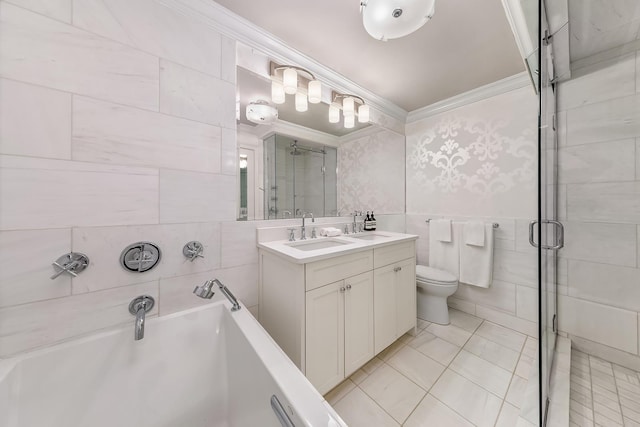full bath with a garden tub, crown molding, tile walls, a stall shower, and toilet